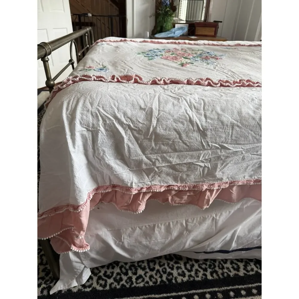 1950's Floral Chenille Bedspread 104”X 96” Shabby Chic Cottagecore Needle Tuft
